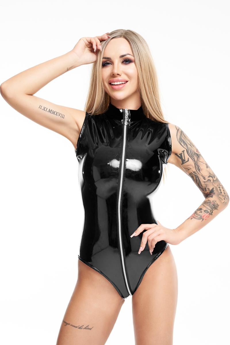 Sexy vinyl bodysuit met hoge kraag