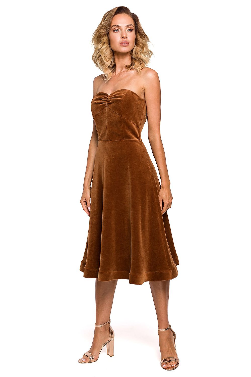 Strapless fluwelen uitlopende midi-jurk  bruin