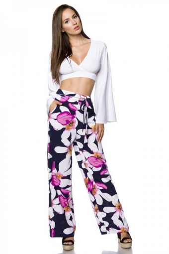 Crêpe wijde pijpen pull-on broek met zakken roze bloemenprint
