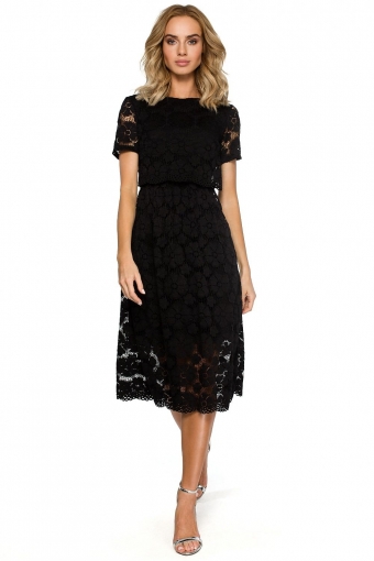 Elegante cocktailjurk in geheel kant zwart