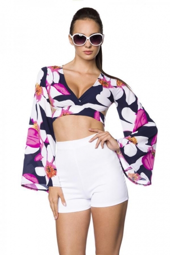 Korte wikkel top met uitlopende mouwen roze bloemenprint