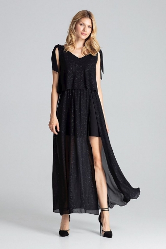 Maxi dress with integrated mini skirt Maxi jurk met ingewerkte mini rok zwart