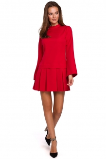 Mini geplooide jurk met lange wijd mouwen rood