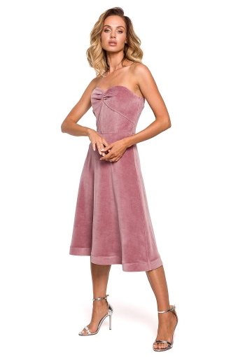 Strapless fluwelen uitlopende midi-jurk pink