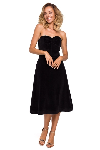 Strapless fluwelen uitlopende midi-jurk zwart