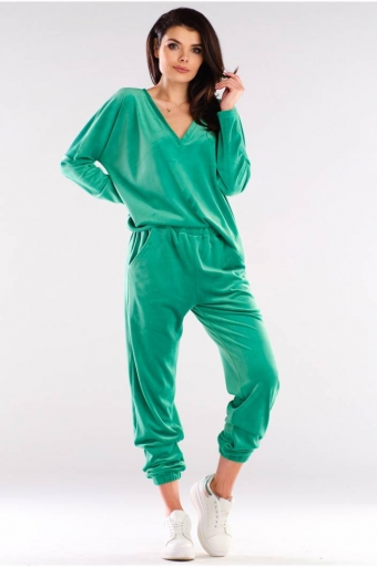 Velours huispak set met V-hals green