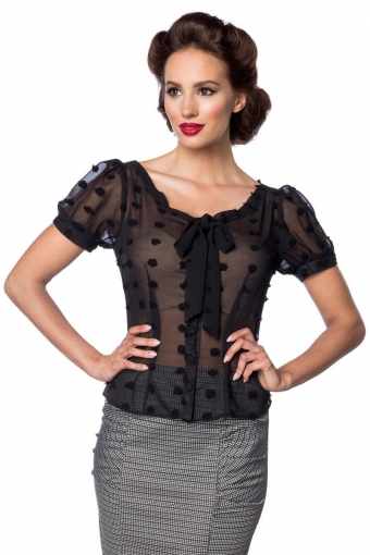 Vintage transparante blouse met strikje zwart
