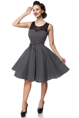 Vintage uitlopende jurk met mesh hals polka