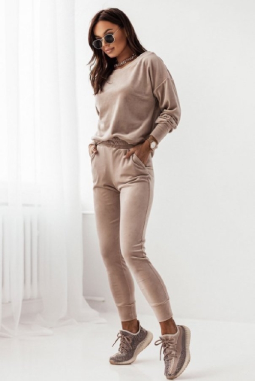 2-delige fluwelen tracksuit beige