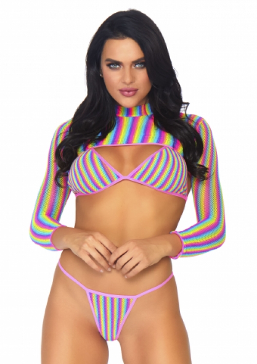 3-delige sexy visnet set regenboog