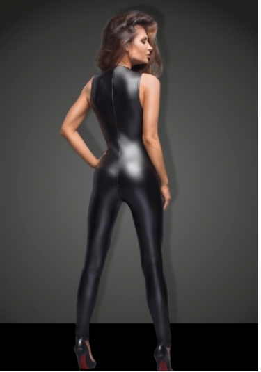 Powerwetlook catsuit met geschulpte kant