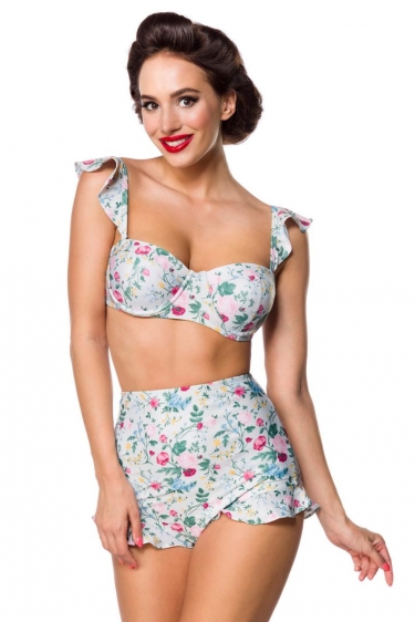 Vintage retro swimsuit with ruffled rose floral