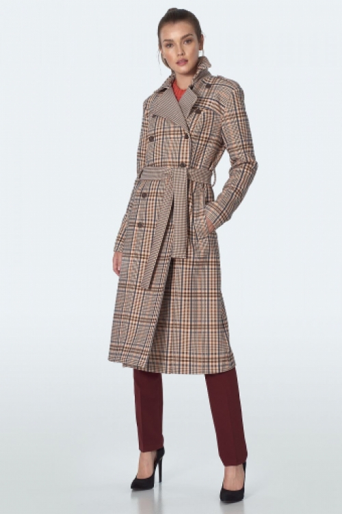 Chique geruite lang trenchcoat in beige   