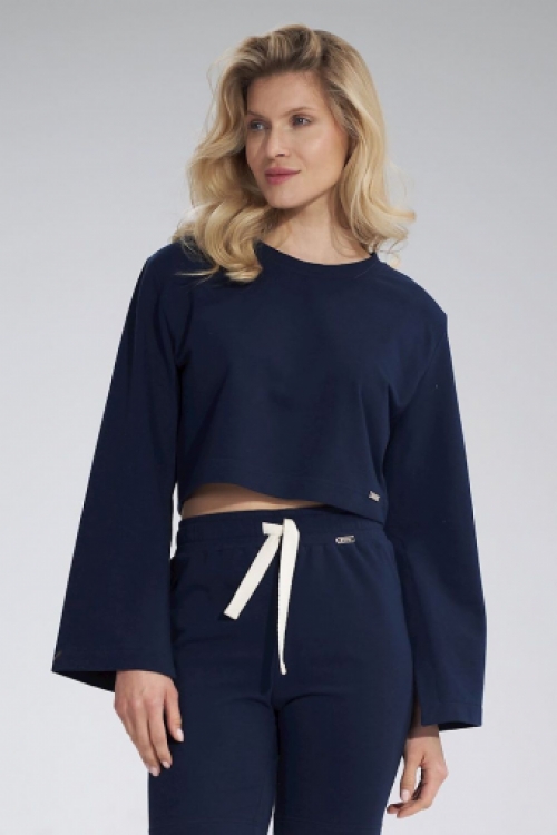 Crop sweat top met trompetmouwen navy