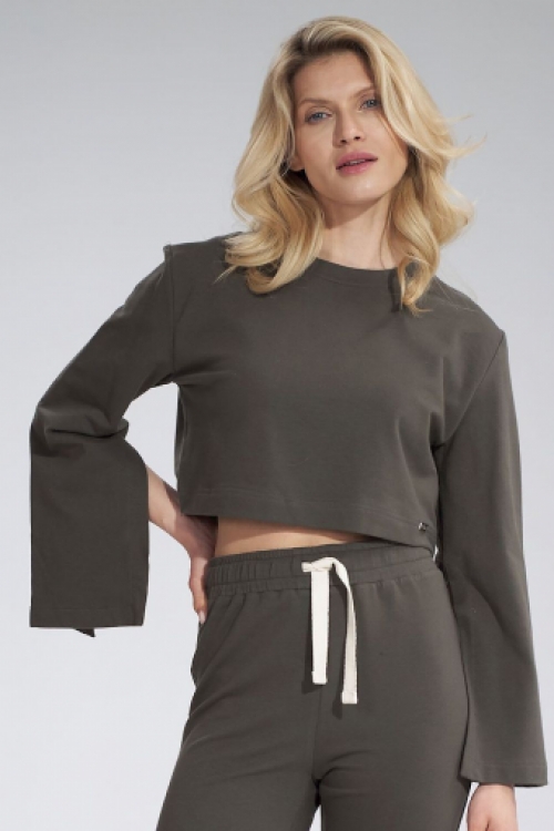 Crop sweat top met trompetmouwen olive