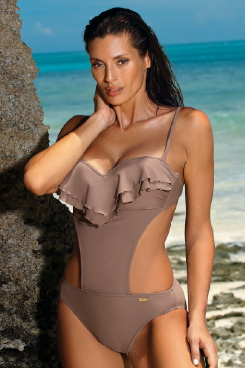 Cubaanse monokini stijl met geplooide overlay khaki