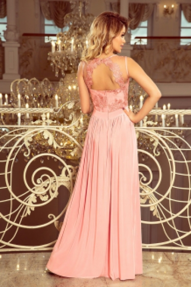 Gala maxi jurk met geborduurd kant en satijn blush