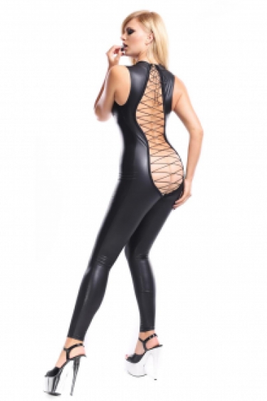 Kinky wetlook catsuit met vetersluiting op de rug