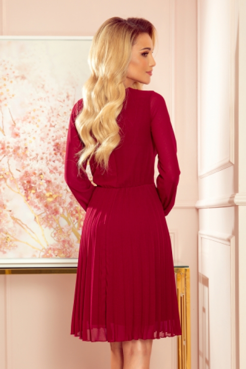 Lange mouwen chiffon geplooide jurk burgundy