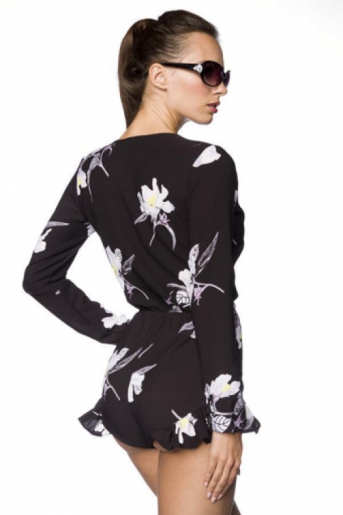 Lange mouwen v-hals playsuit bloemenprint zwart