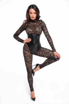 Lace jumpsuit, lace catsuits, jumpsuit with under bust corset, High collar jumpsuits, Lace and wet-look jumpsuits