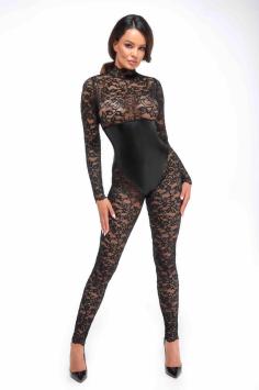 Lace jumpsuit, lace catsuits, jumpsuit with under bust corset, High collar jumpsuits, Lace and wet-look jumpsuits