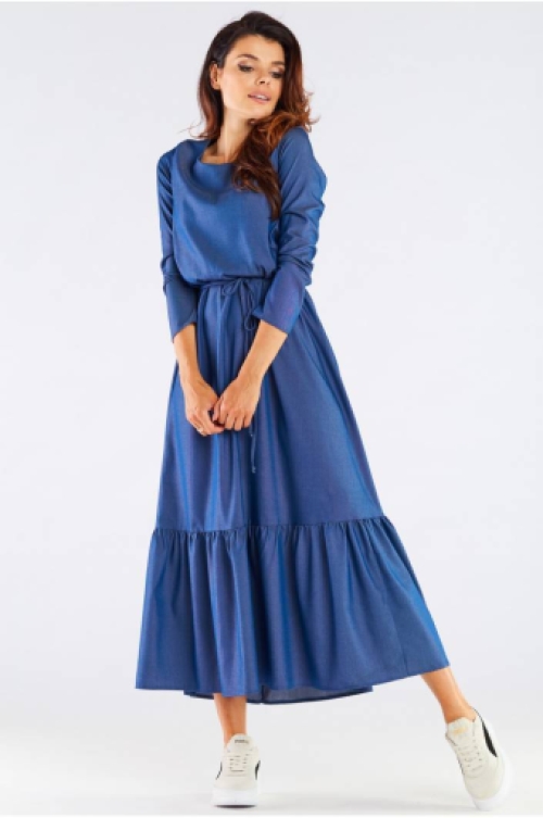 Maxi lange mouwen jurk met ruches blue