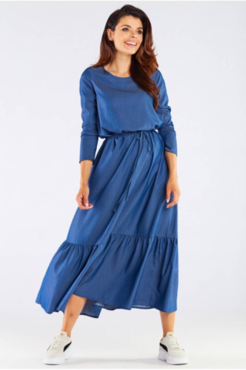 Maxi lange mouwen jurk met ruches blue