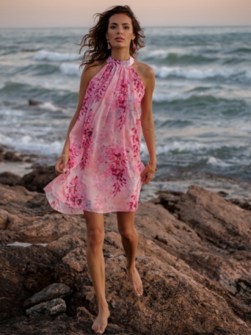 Mouwloze jurk in chiffon lentebloemen