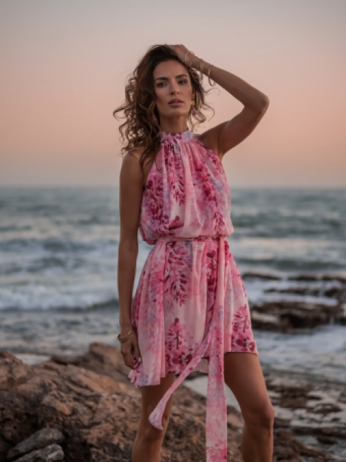 Mouwloze jurk in chiffon lentebloemen