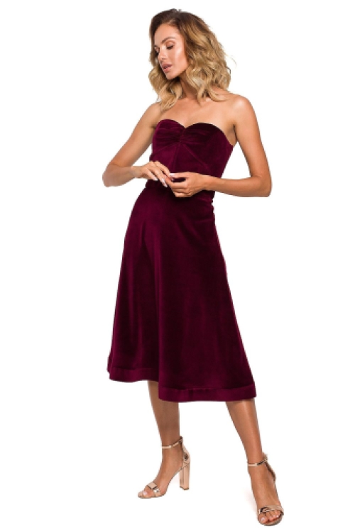 Strapless fluwelen uitlopende midi-jurk maroon